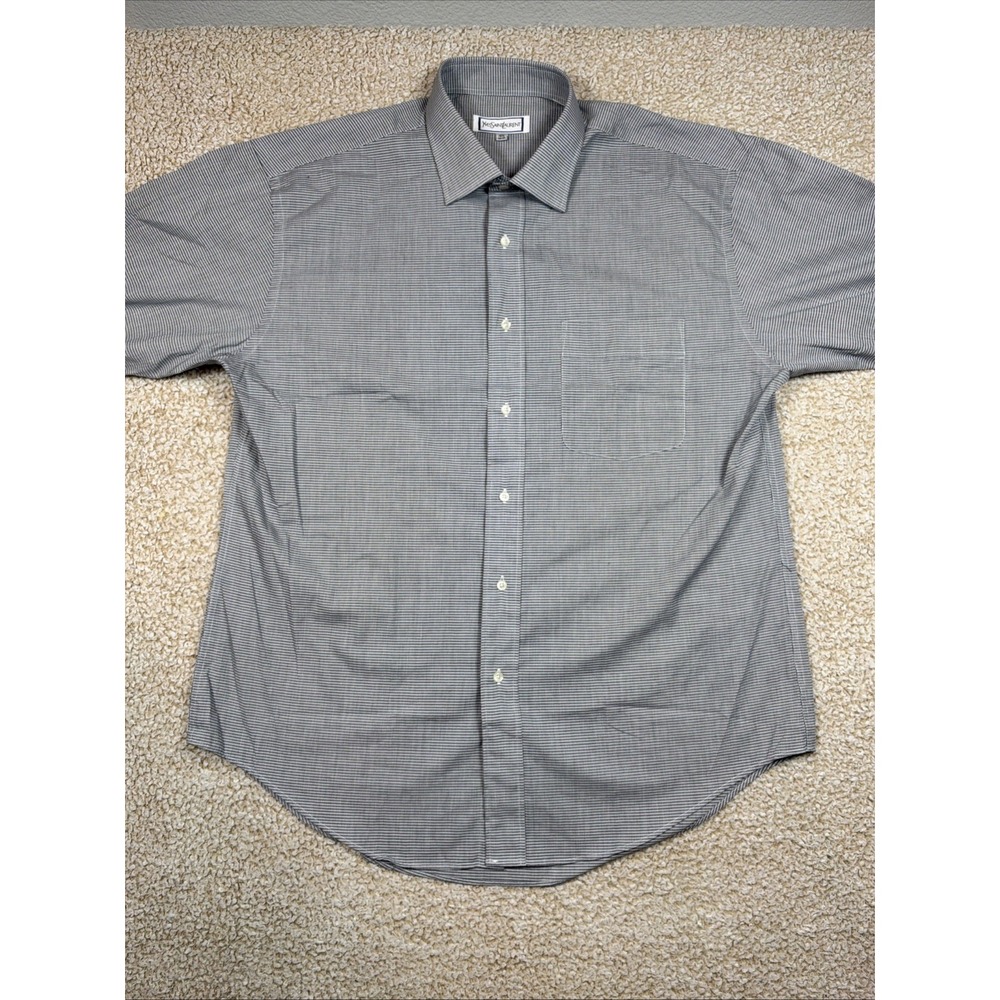 Yves Saint Laurent Button Up Collared Shirt Mens Sz 16 32-33 Black White Check